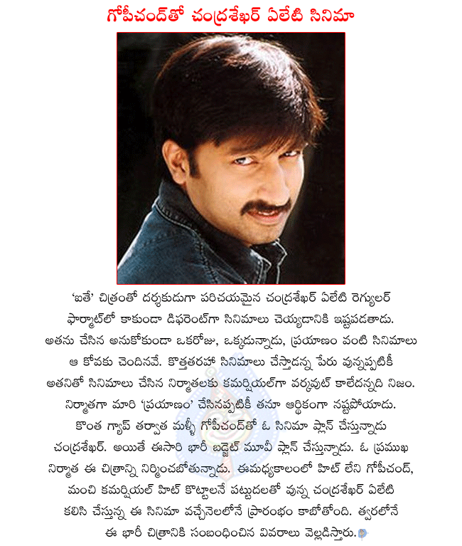 telugu hero gopichand,gopichand next movie with chandra sekhar yeleti,gopichand second movie with chandra sekhar yeleti,chandra sekhar yeleti planning big budget movie with gopichand,gopichand and chandra sekhar yeleti combo movie starting in october  telugu hero gopichand, gopichand next movie with chandra sekhar yeleti, gopichand second movie with chandra sekhar yeleti, chandra sekhar yeleti planning big budget movie with gopichand, gopichand and chandra sekhar yeleti combo movie starting in october